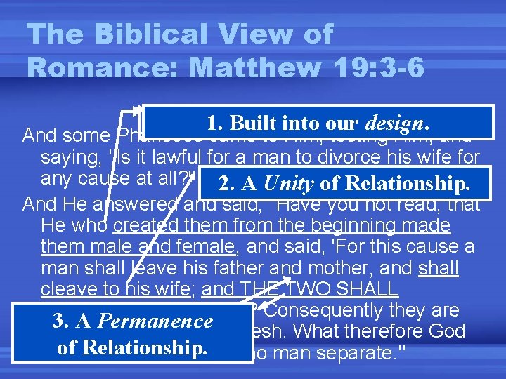 The Biblical View of Romance: Matthew 19: 3 -6 1. Built into our design.