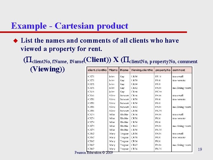 Example - Cartesian product u List the names and comments of all clients who Example - Cartesian product u List the names and comments of all clients who