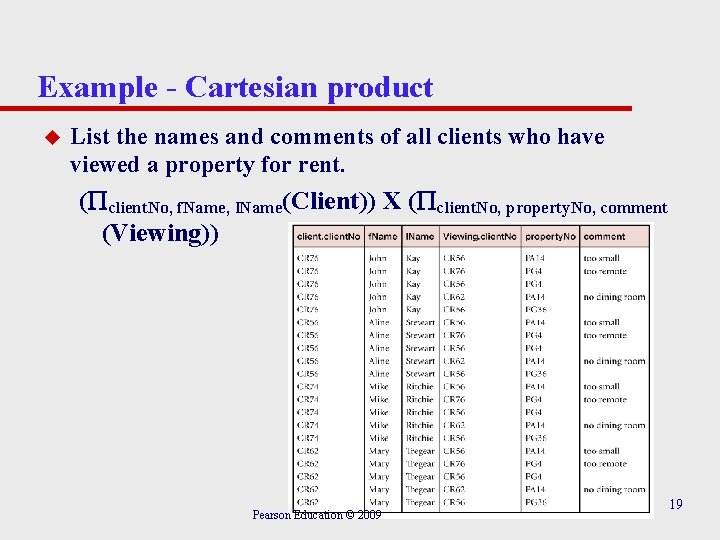 Example - Cartesian product u List the names and comments of all clients who