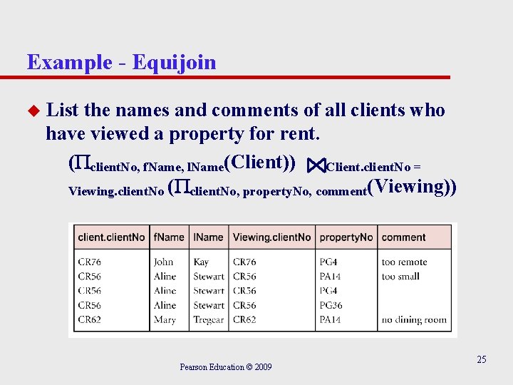 Example - Equijoin u List the names and comments of all clients who have Example - Equijoin u List the names and comments of all clients who have