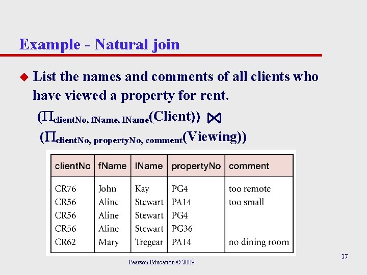 Example - Natural join u List the names and comments of all clients who Example - Natural join u List the names and comments of all clients who