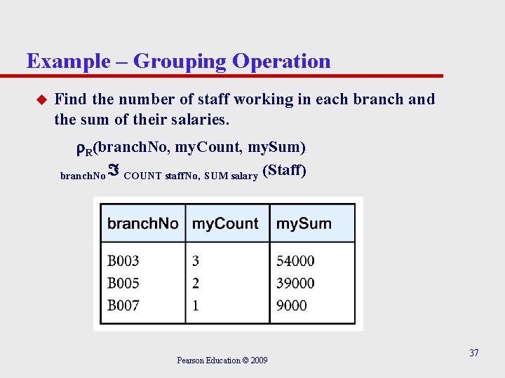 Example – Grouping Operation u Find the number of staff working in each branch Example – Grouping Operation u Find the number of staff working in each branch