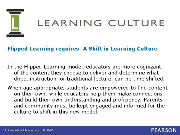 Flipped Learning requires: A Shift in Learning Culture In the Flipped Learning model, educators
