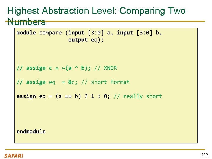 Highest Abstraction Level: Comparing Two Numbers module compare (input [3: 0] a, input [3: