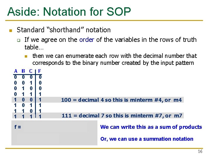 Aside: Notation for SOP Standard “shorthand” notation n q If we agree on the