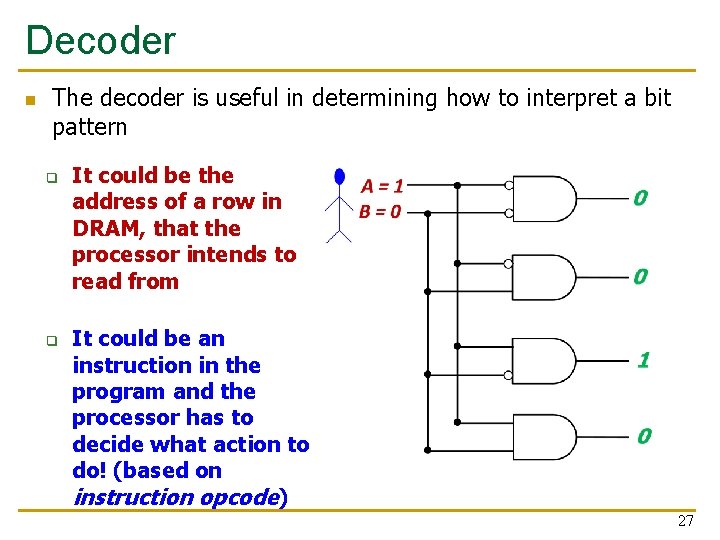 Decoder n The decoder is useful in determining how to interpret a bit pattern