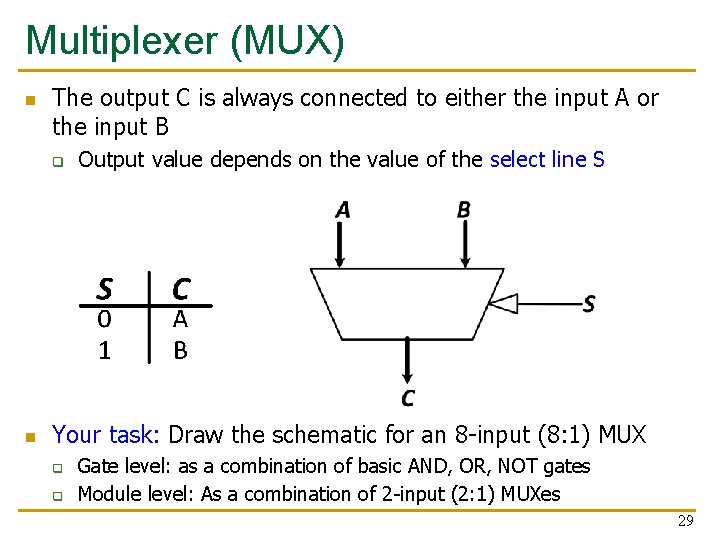 Multiplexer (MUX) n The output C is always connected to either the input A