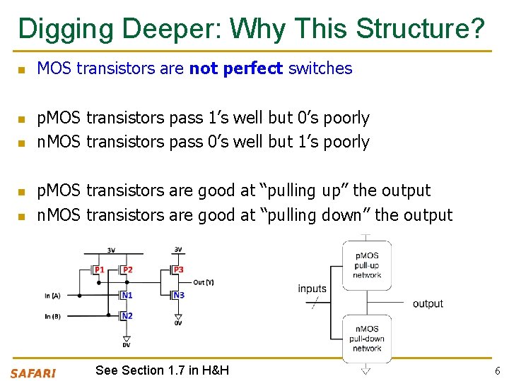 Digging Deeper: Why This Structure? n n n MOS transistors are not perfect switches