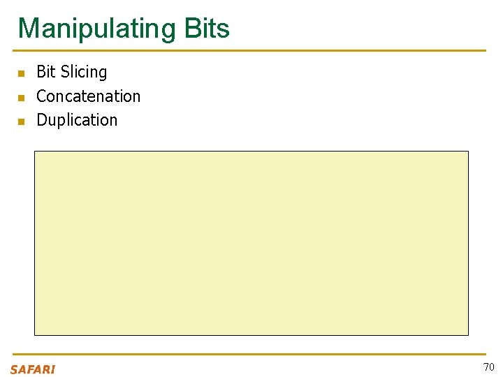 Manipulating Bits n n n Bit Slicing Concatenation Duplication // You can assign partial