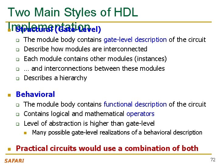 Two Main Styles of HDL Implementation n Structural (Gate-Level) q q q n The