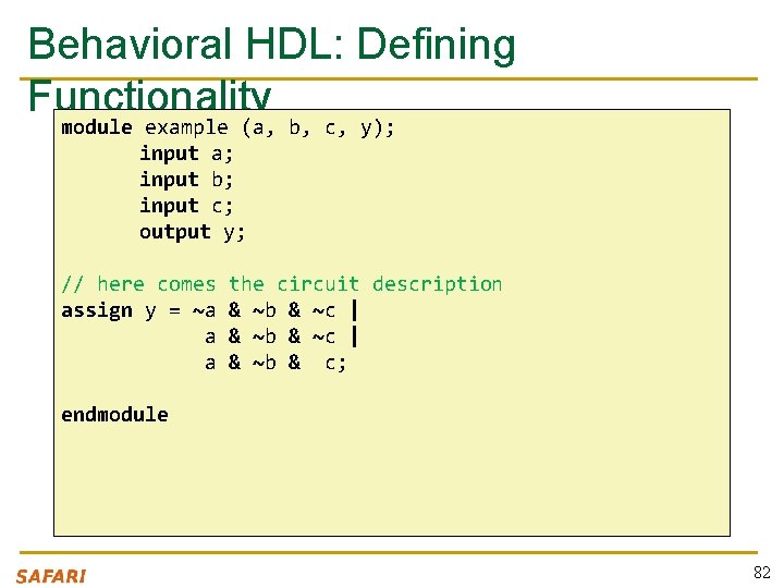Behavioral HDL: Defining Functionality module example (a, b, c, y); input a; input b;