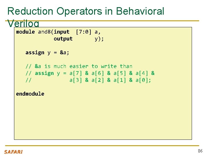 Reduction Operators in Behavioral Verilog module and 8(input [7: 0] a, output y); assign