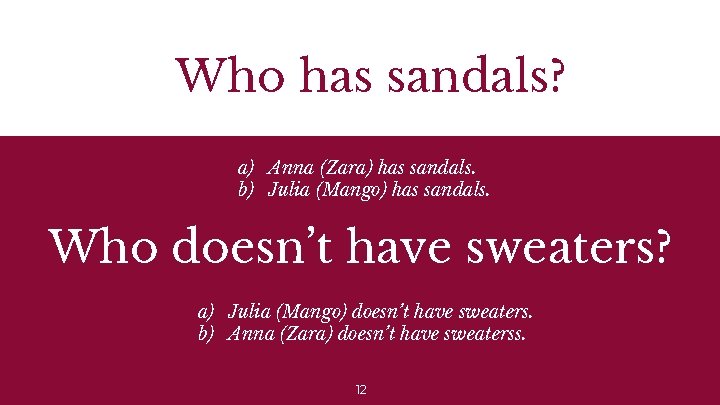 Who has sandals? a) Anna (Zara) has sandals. b) Julia (Mango) has sandals. Who