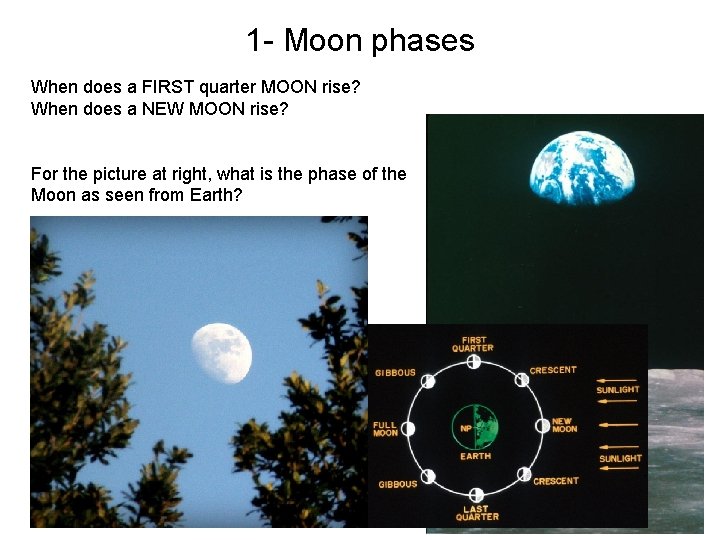 1 - Moon phases When does a FIRST quarter MOON rise? When does a