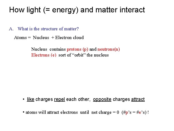 How light (= energy) and matter interact A. What is the structure of matter?