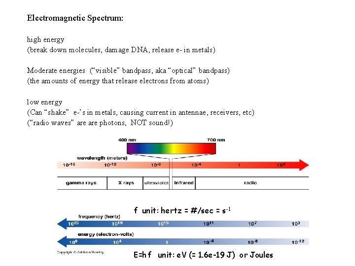 Electromagnetic Spectrum: high energy (break down molecules, damage DNA, release e- in metals) Moderate