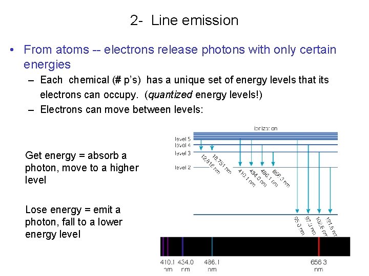 2 - Line emission • From atoms -- electrons release photons with only certain