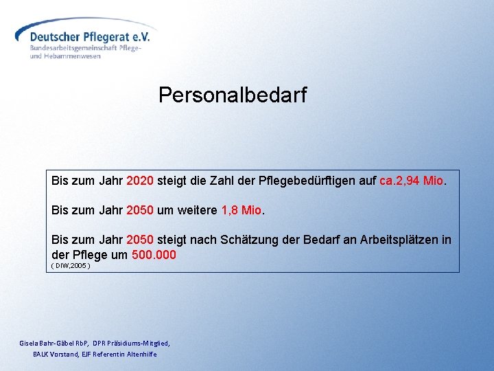 Personalbedarf Bis zum Jahr 2020 steigt die Zahl der Pflegebedürftigen auf ca. 2, 94