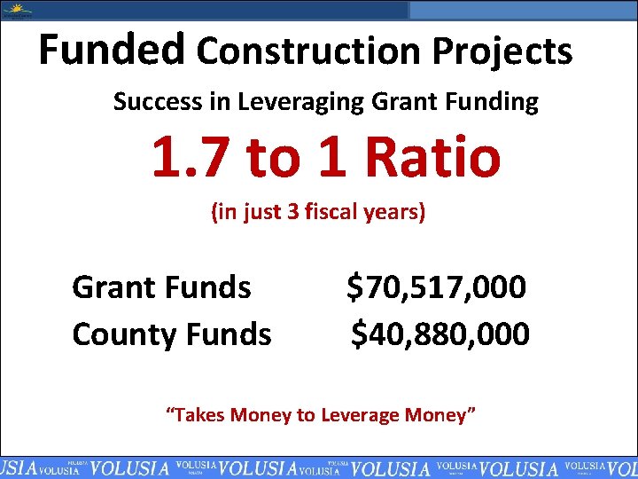 Funded Construction Projects Success in Leveraging Grant Funding 1. 7 to 1 Ratio (in