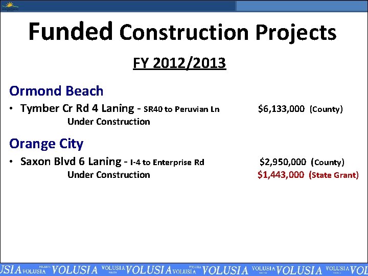 Funded Construction Projects FY 2012/2013 Ormond Beach • Tymber Cr Rd 4 Laning -