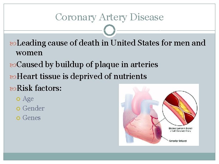 Coronary Artery Disease Leading cause of death in United States for men and women