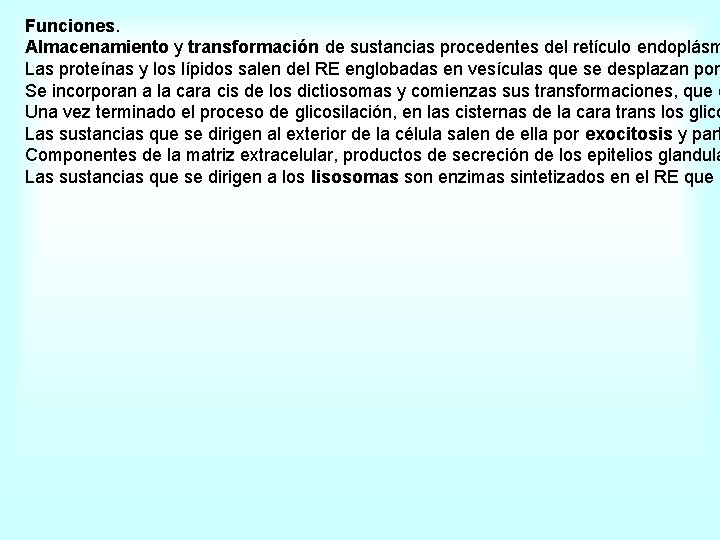 Funciones. Almacenamiento y transformación de sustancias procedentes del retículo endoplásm Las proteínas y los