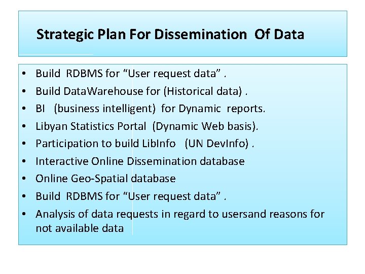 Strategic Plan For Dissemination Of Data • • • Build RDBMS for “User request