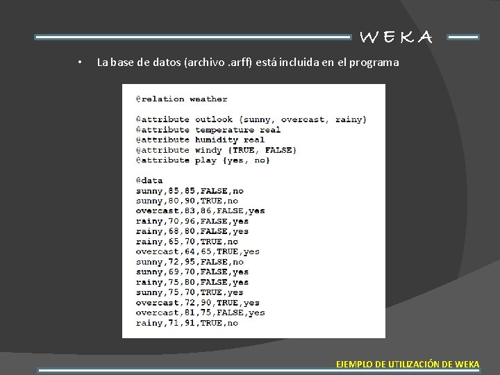WEKA • La base de datos (archivo. arff) está incluida en el programa EJEMPLO
