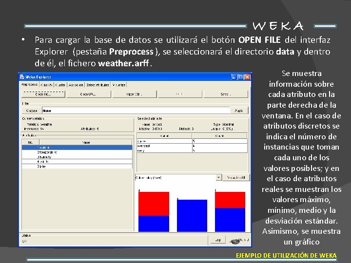 WEKA • Para cargar la base de datos se utilizará el botón OPEN FILE