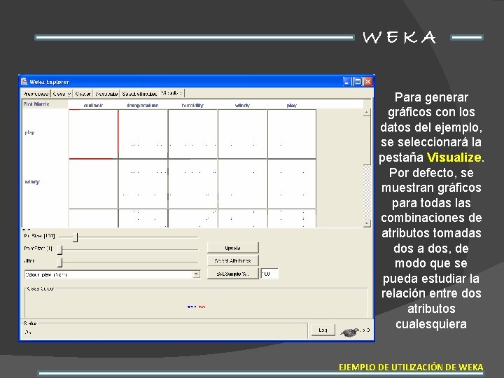 WEKA Para generar gráficos con los datos del ejemplo, se seleccionará la pestaña Visualize.