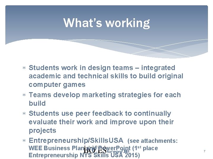 What’s working Students work in design teams – integrated academic and technical skills to