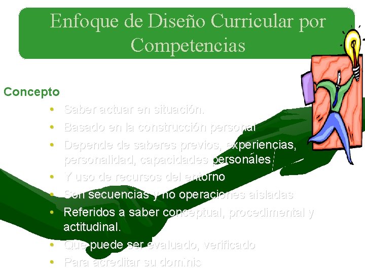 Enfoque de Diseño Curricular por Competencias Concepto • Saber actuar en situación. • Basado