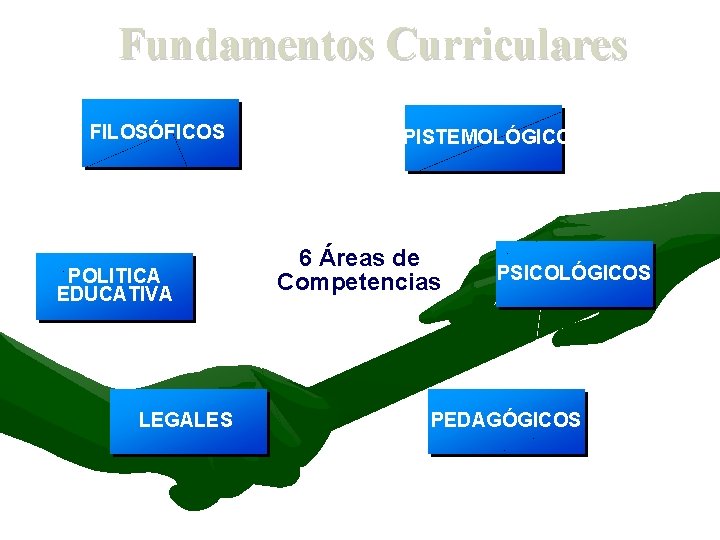 Fundamentos Curriculares FILOSÓFICOS POLITICA EDUCATIVA LEGALES EPISTEMOLÓGICO 6 Áreas de Competencias PSICOLÓGICOS PEDAGÓGICOS 