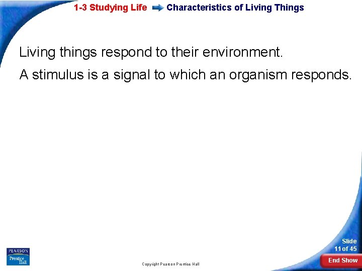 1 -3 Studying Life Characteristics of Living Things Living things respond to their environment.