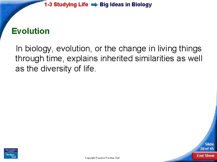 1 -3 Studying Life Big Ideas in Biology Evolution In biology, evolution, or the