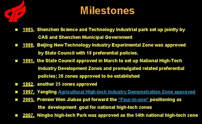 Milestones n 1985, Shenzhen Science and Technology Industrial park set up jointly by CAS