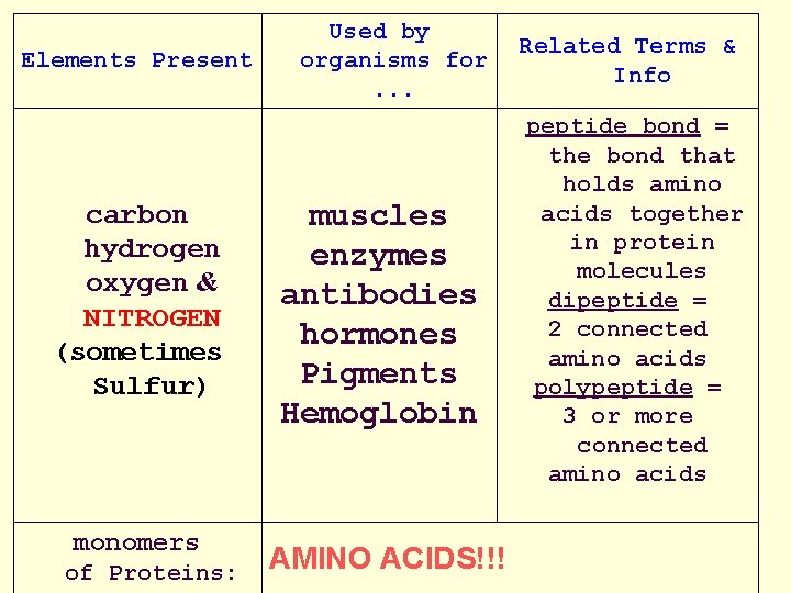 Elements Present carbon hydrogen oxygen & NITROGEN (sometimes Sulfur) monomers of Proteins: Used by