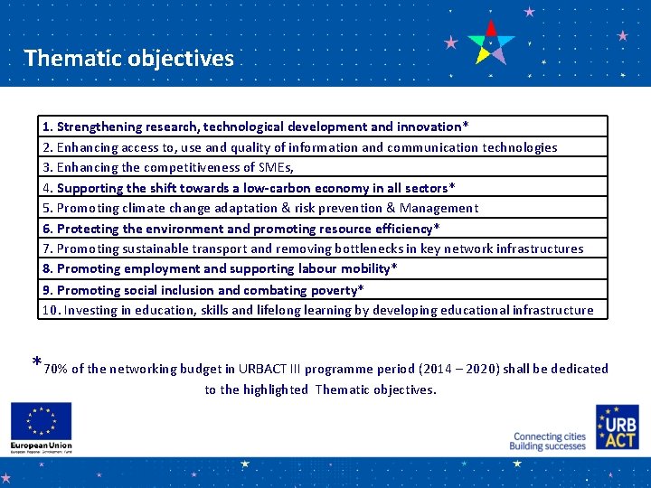 Thematic objectives 1. Strengthening research, technological development and innovation* 2. Enhancing access to, use