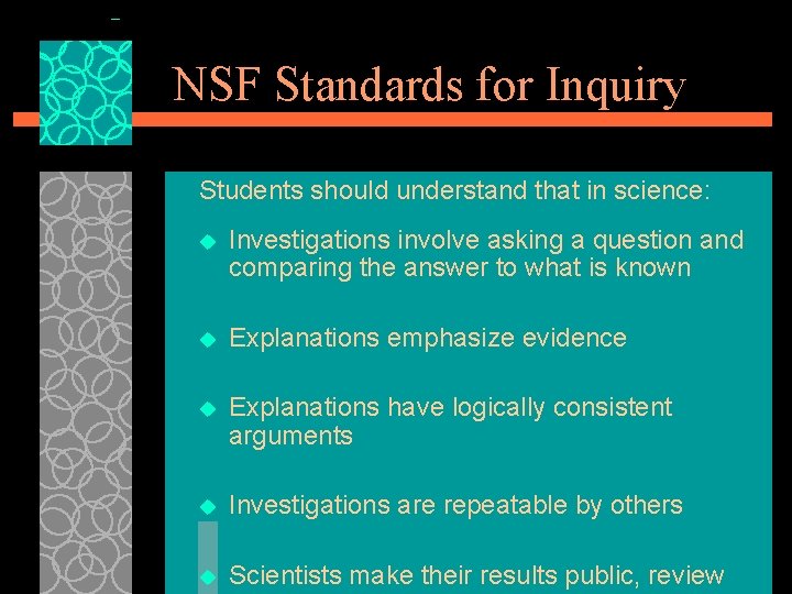 NSF Standards for Inquiry Students should understand that in science: u Investigations involve asking