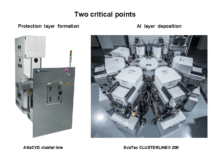 Two critical points Protection layer formation Alta. CVD cluster line Al layer deposition Eva.