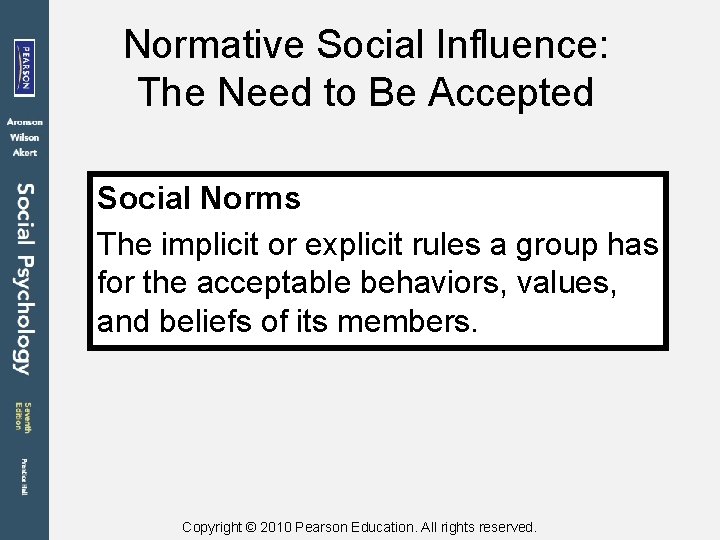 Normative Social Influence: The Need to Be Accepted Social Norms The implicit or explicit