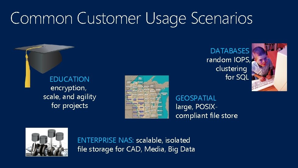 Common Customer Usage Scenarios EDUCATION encryption, scale, and agility for projects DATABASES random IOPS,