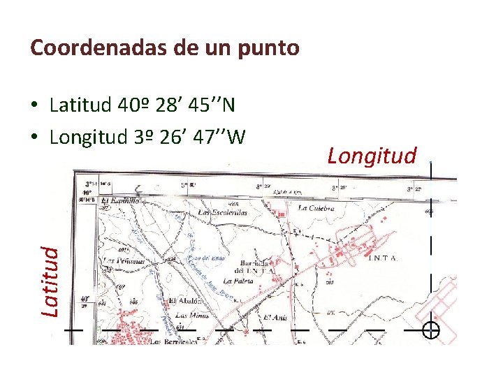 Coordenadas de un punto Latitud • Latitud 40º 28’ 45’’N • Longitud 3º 26’