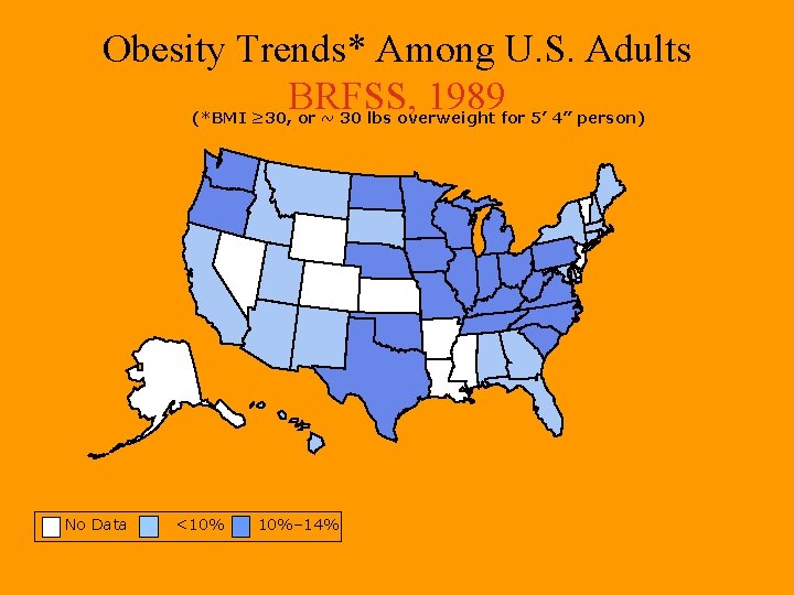 Obesity Trends* Among U. S. Adults BRFSS, 1989 (*BMI ≥ 30, or ~ 30