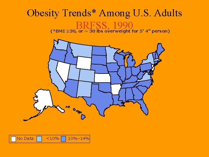 Obesity Trends* Among U. S. Adults BRFSS, 1990 (*BMI ≥ 30, or ~ 30