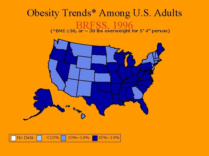 Obesity Trends* Among U. S. Adults BRFSS, 1996 (*BMI ≥ 30, or ~ 30