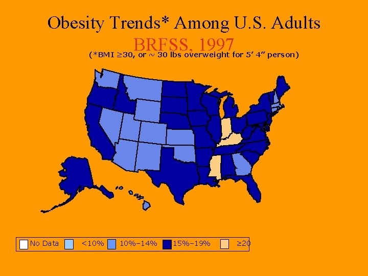 Obesity Trends* Among U. S. Adults BRFSS, 1997 (*BMI ≥ 30, or ~ 30