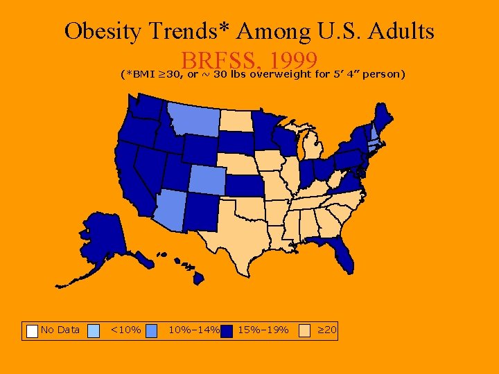 Obesity Trends* Among U. S. Adults BRFSS, 1999 (*BMI ≥ 30, or ~ 30