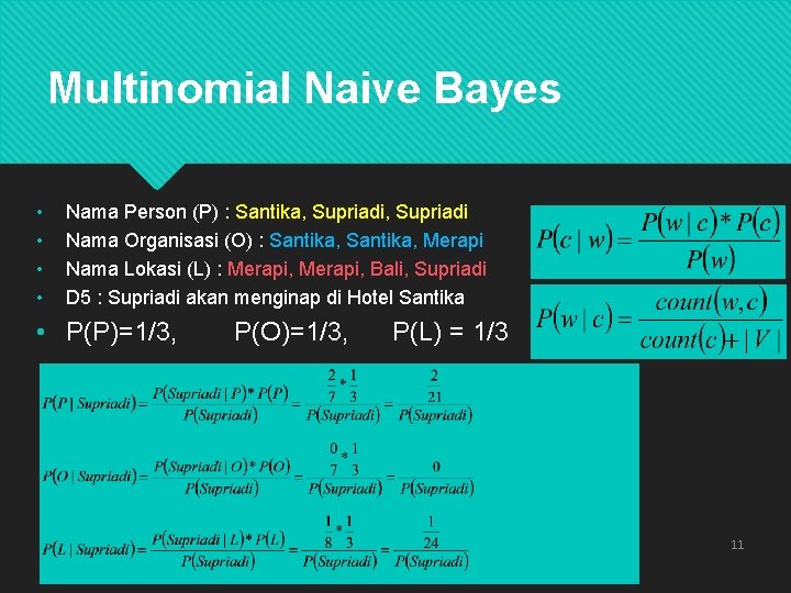 Multinomial Naive Bayes • • Nama Person (P) : Santika, Supriadi Nama Organisasi (O)