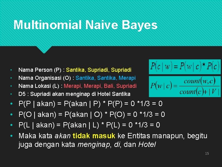 Multinomial Naive Bayes • • Nama Person (P) : Santika, Supriadi Nama Organisasi (O)